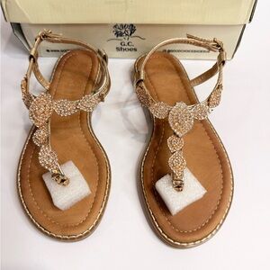 GC Shoes Rose Gold Cali Rhinestone Embellished T Strap Flat Sandals size 7 1/2